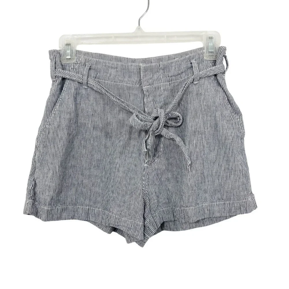 Abercrombie‎ & Fitch Navy Blue & White Striped Linen Shorts Belt Size Small